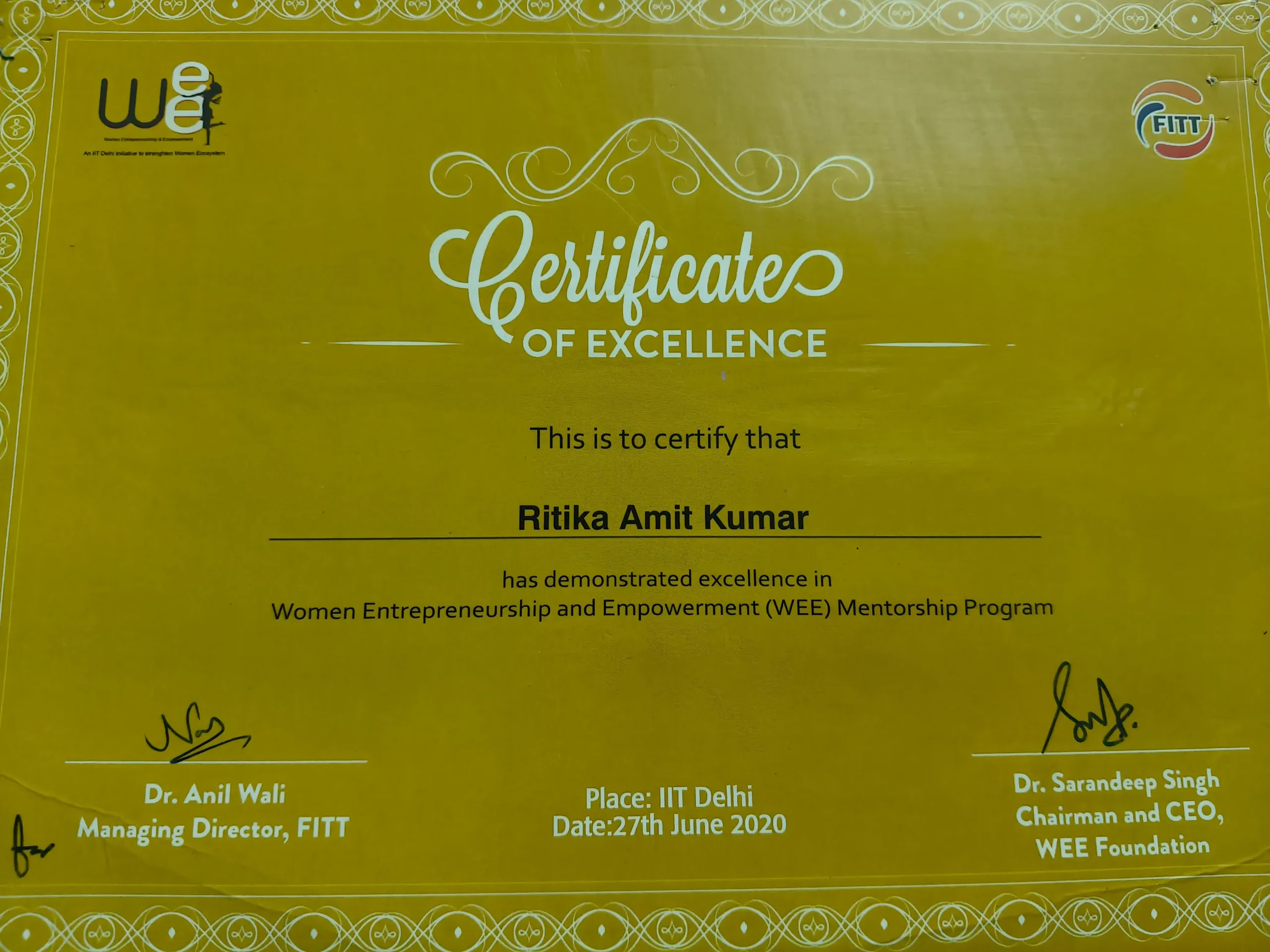 Certificate of Excellence – Women Entrepreneurship and Empowerment programme