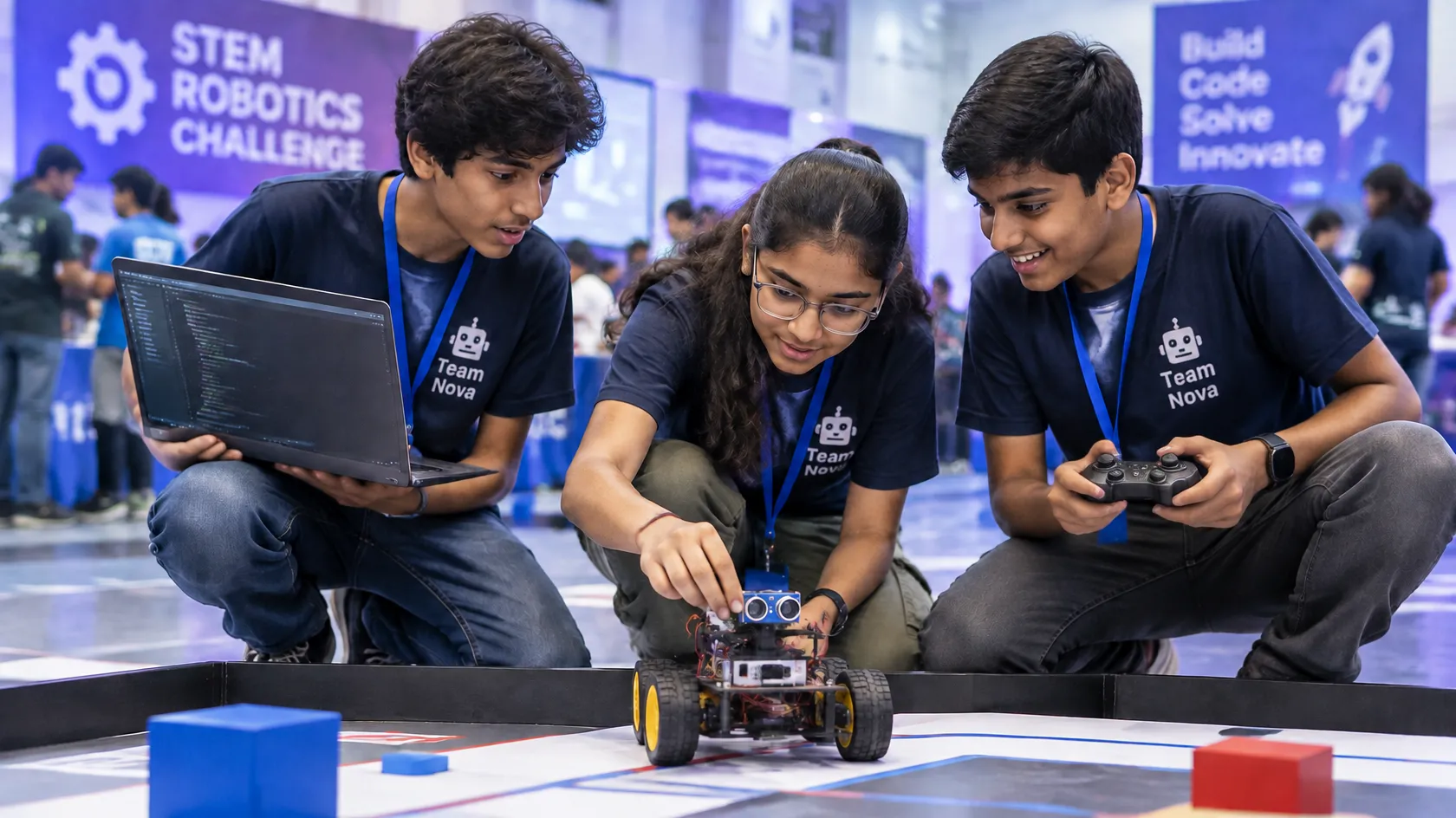 Students preparing their robot for a STEM competition