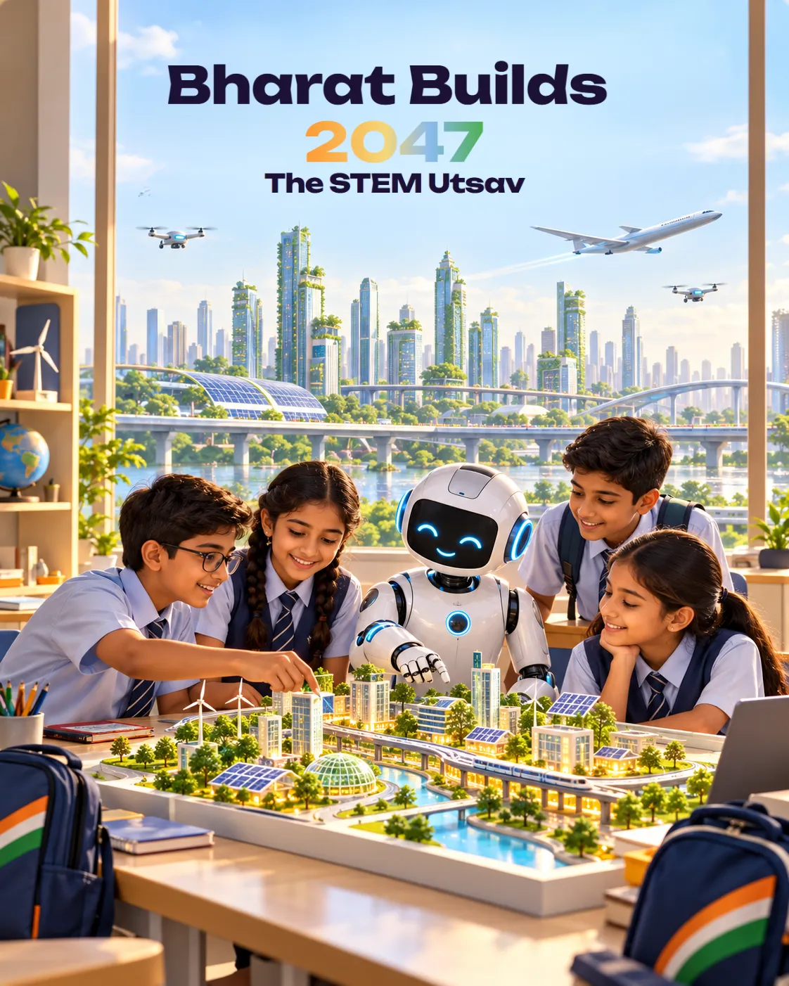 Children building a model of a future Indian city for Bharat Builds 2047